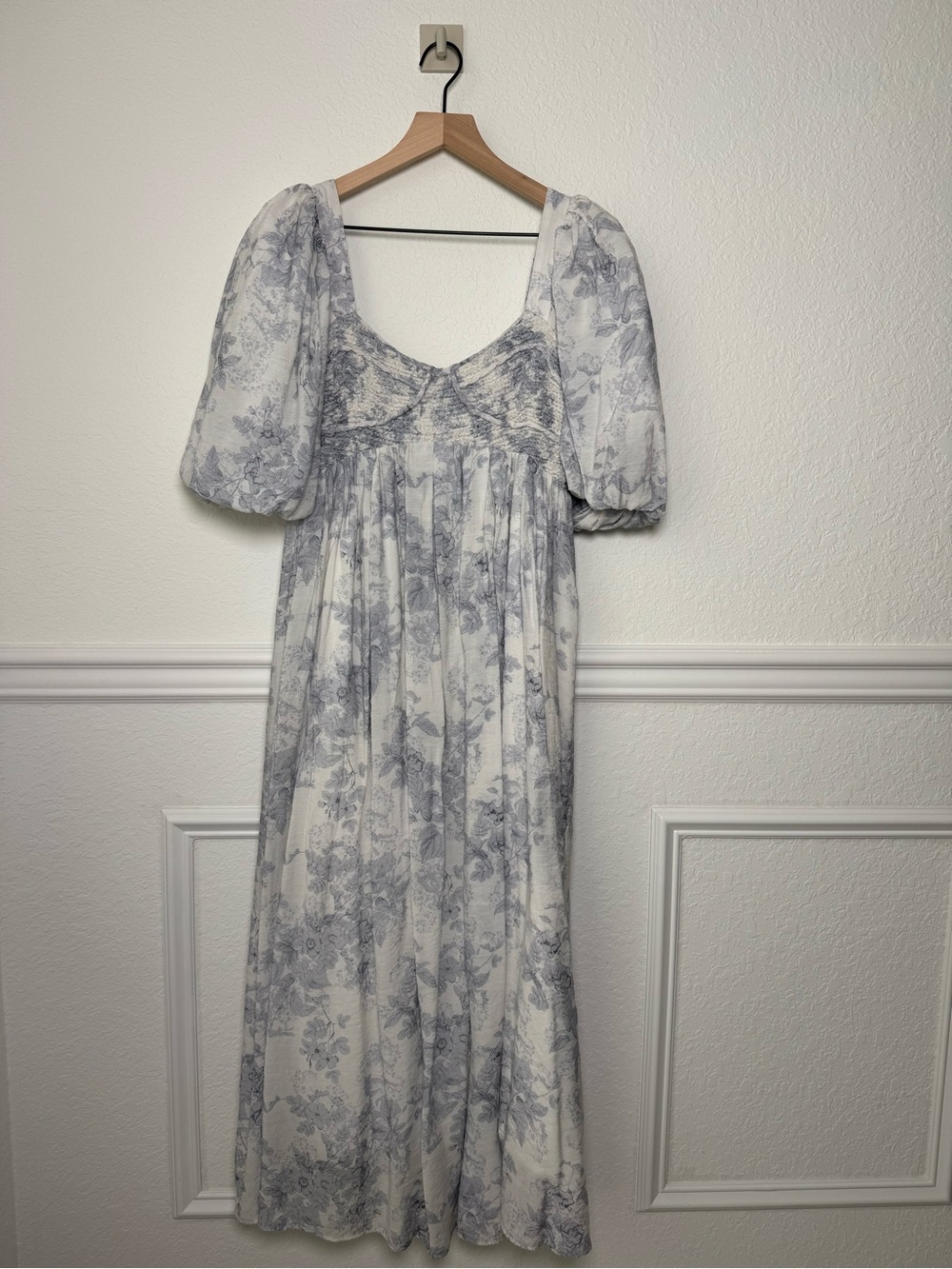 Worth Collective XL Blue Toile Floral Puff Sleeve Midi Dress